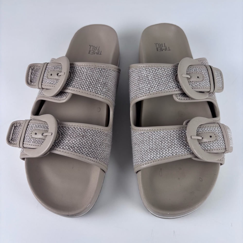 Time and Tru Women’s Linen Blend Double Buckle Slide Sandals - Tan/Beige Size 9